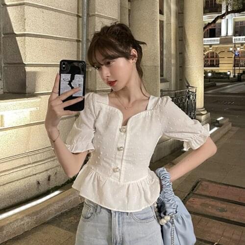 Women Blouses French Square Collar Puff Sleeve Shirt Female Design Sense Niche Summer High Sense Shirt New Chic Top