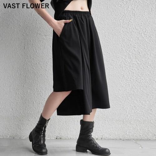 Irregular Black High Elastic Waist Spliced Wide Leg Pants Women New Fashion Personality Loose Fit Casual Trousers Summer 2021