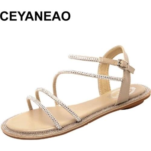 CEYANEAO Women Sandals Round Head Rhinestone Metal Bling Female Sandals Fashion Crystal Open Toe Casual Big Size Beach Sandals