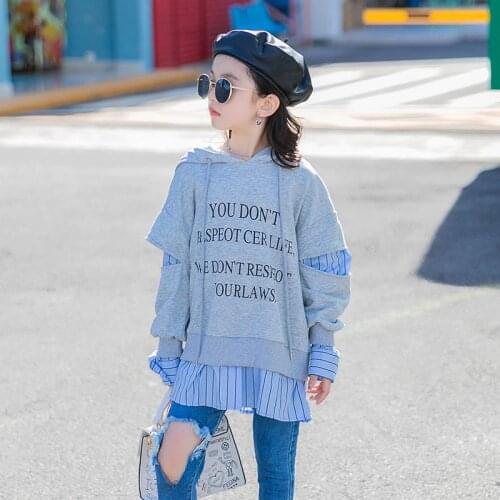 Kids Girls Hoodies 10 12 years Sweatshirt Fake Two-Piece Patchwork Tops 2021 New Teenage Girls Outfit Clothes