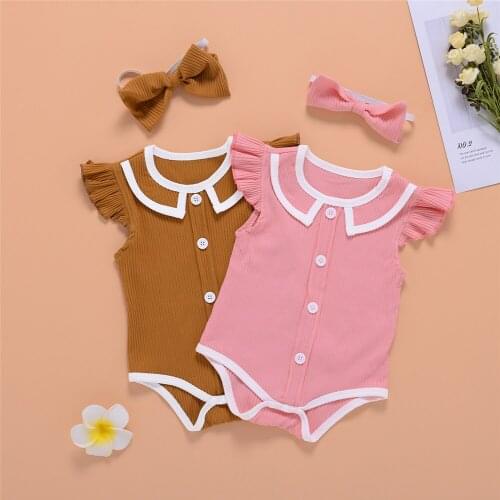 Babys Ribbed Jumpsuit, Patchwork O-neck Laperl Short Flying Sleeve Button Romper and Headband
