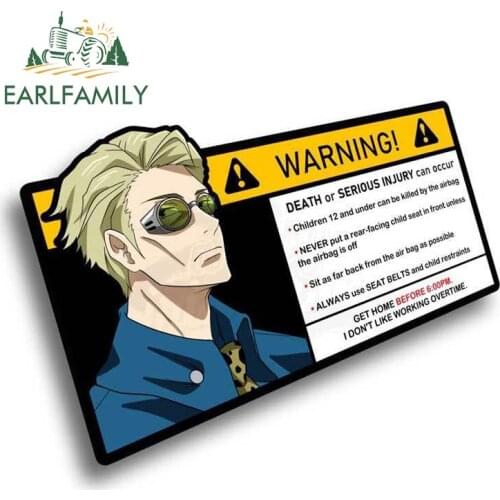EARLFAMILY 13cm x 7cm Cartoon Anime Jujutsu Kaisen Car Sticker for Nanami Kento Warning Decal Anime Vinyl JDM Window Stickers