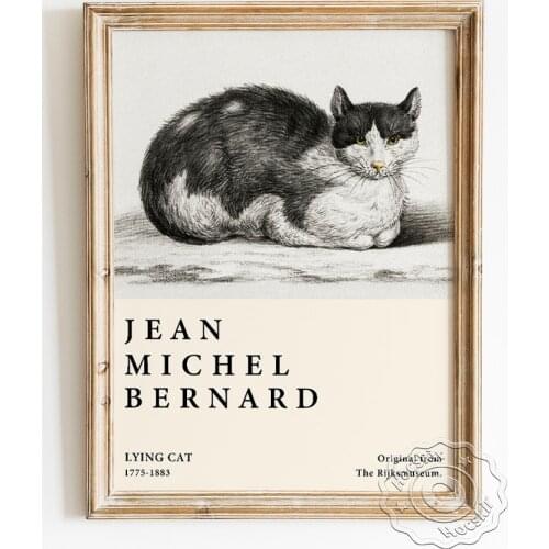 Jean Michel Bernard Exhibition Museum Poster, Lying Cat Black White Sketch Portrait Wall Stickers, Modern Animal Art Home Decor