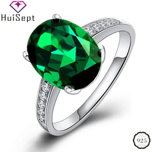 HuiSept Elegant 925 Silver Jewellery Ring Oval Shaped Emerald Gemstone Zircon Rings Ornaments for Female Wedding Party Wholesale