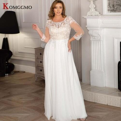 Custom Made O-Neck Three Quarter Sleeve Plus Size Wedding Dress Elegant Embroidery Appliques Tulle Sweep Train Bridal Ball Gown