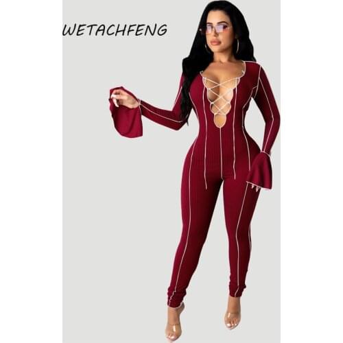 Jumpsuit For Women Spring Flare Long Sleeve Bodysuits Sexy Lace Up Knitted Robbed Rompers Outfits One Piece Overalls Clothing