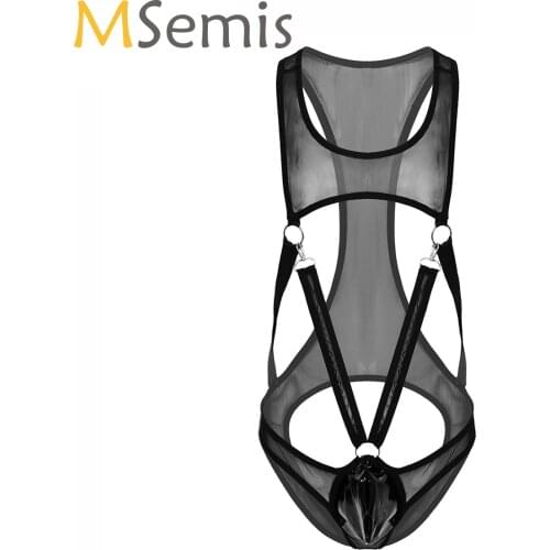 Mens Gay Male Butt Hole Sissy Catsuit See-through Mesh Singlet Bodysuit Leather Jockstraps Bulge Pouch O-ring for Clubwear
