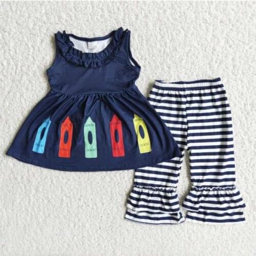 Girls boutique outfit Blue pencil skirt sleeveless top striped straight pants back to school outfit for girls