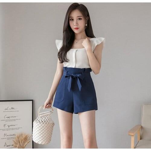 Summer Women Chiffon Wide Leg Shorts Loose Plus Size S-2XL High Waist Bow Belt Shorts Student Casual Blue Sports Shorts H1452