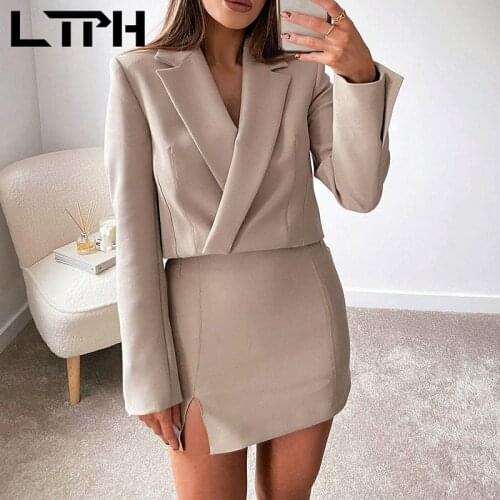 LTPH ins vintage Lady Suit two piece set women short Blazer Outfits high waist hem split Package Hip Skirt Suits 2021 Spring New