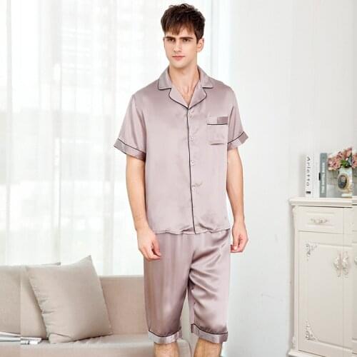 Mans Genuine Silk Pajamas Summer Short Sleeve Sleepwear Male 100% Silkworm Silk Pyjama Sets Solid Color T9004