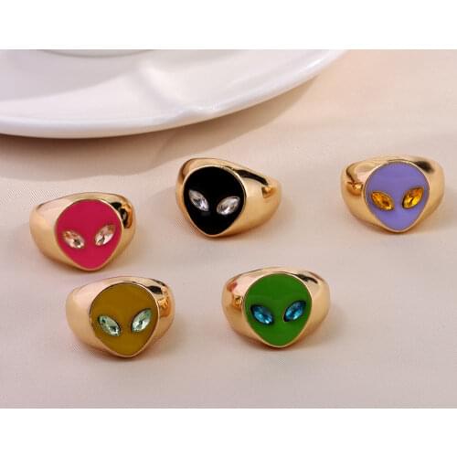 2021 New Fashion Alien Face Metal Rings For Women Multicolor Crystal Finger Rings Round Geometric Rings Punk Jewelry Best Gift