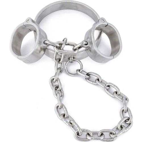 Stainless Steel Neck Collar Handcuffs With Chain Metal Choker Manacle Restraints Fetish Slave SM Adult Game Sex Shop For Couples