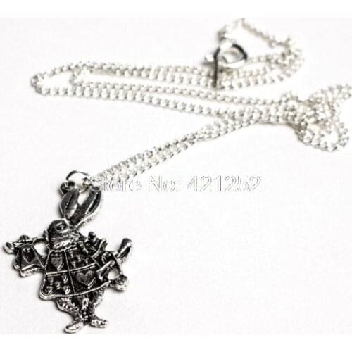 12pcs/lot Alice in Wonderland Inspired Charm Necklace White Rabbit Necklace in silver