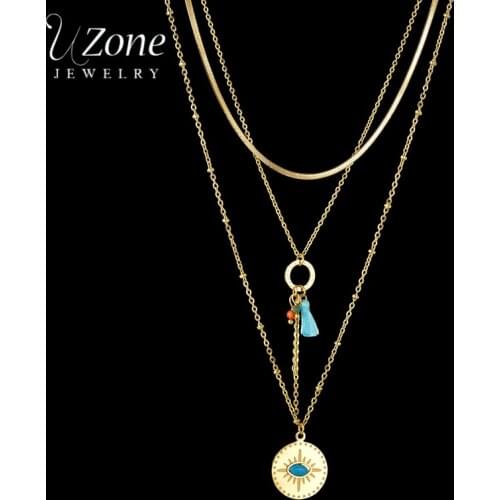 UZone Stainless Steel Round Pendant Tassel Necklace Multi-layer Natural Stone Bladed Chain Necklaces For Women Girls Party Gift