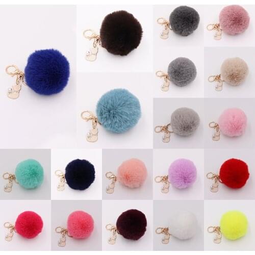 Fluffy Fake Fox Fur Ball Pom Poms Natural Fur Pompom Leather Strap Keychain Key Chain Ring Pendant For Women Charm