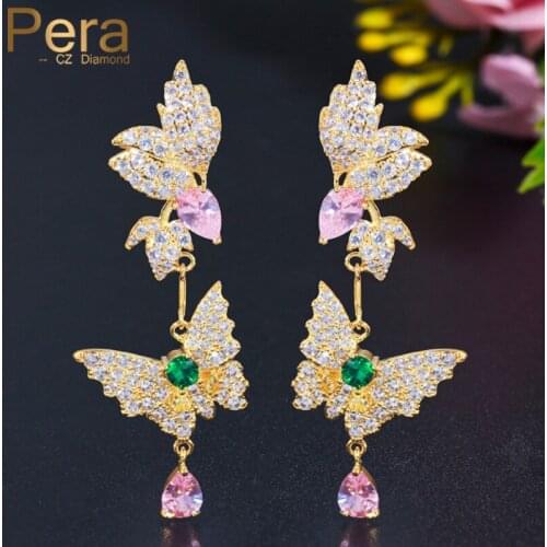 Pera Romantic Pink Sapphire CZ Crystal Indian Gold Long Leaf and Dangling Butterfly Drop Earrings for Women Costume Jewelry E600