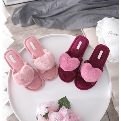 Cute Home Soft Slippers for Women Love Heart Cotton Slides Winter Warm Home Fur Sandals Furry Indoor House Shoes Female Chinelos