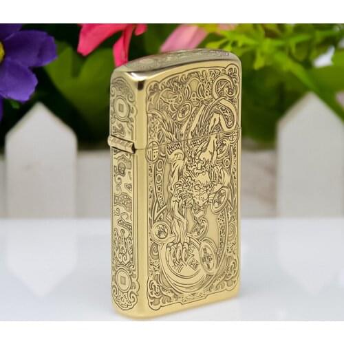 ZORRO Carving Etching 909 Narrow Machine "ZhaoCaiPiXiu" Pure Copper Kerosene Lighter
