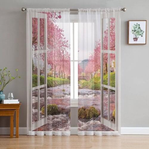 Window Views Cherry Blossoms River Sheer Curtains for Living Room Bedroom Kitchen Chiffon Tulle Curtains Home Hotel Coffee Decor