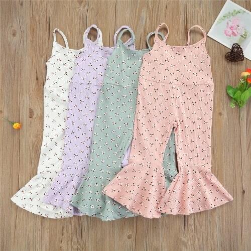 1-5 Years Summer Baby Girl High-Waisted Suspender Jumpsuit Multicolor Flower Print Ruffle Hem Rompers Flares Pants