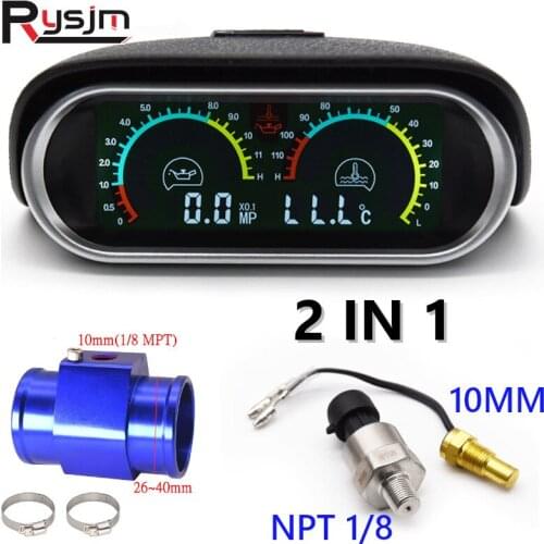 2 IN 1 LCD Car Digital Oil Pressure Gauge Water Temp Gauge + 10mm Temperature Sensor + Adapter For Car Truck Motorcycle 12V/24V