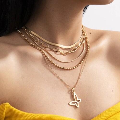 Fashion Gold Butterfly Pendant Necklace for Women Multilayer Beads Snake Chain Choker Necklace Jewelry Accessories
