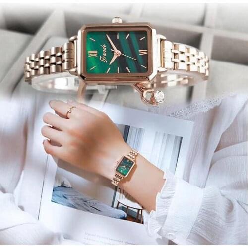 Grande Women Small Square Watch Fashion Business Peacock Green Lady Watch Simple Watch Steel Band Watch Casual Quartz Watch