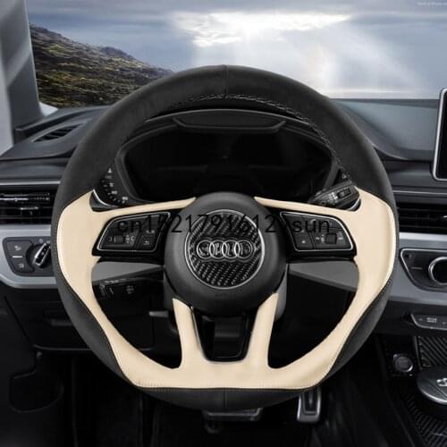 Black Suede White Leather Auto Custom Fit Steering Wheel Covers For Audi A4L A3 A5 A6L A7 Q3 Q5L Q7 TT Q5 2018 Accessories