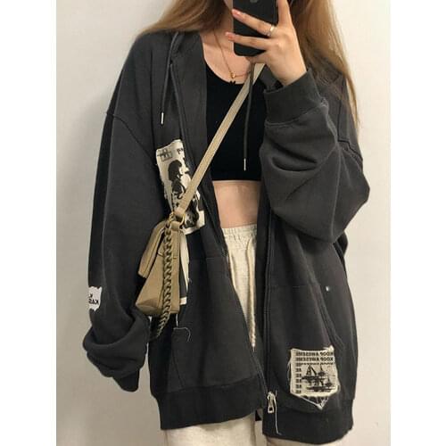 HOUZHOU Grunge Gothic Oversized Gray Women Hoodie E Girl Patchwork Black Sweatshirts 90s Vintage Style Autumn Zip-up Crop Tops