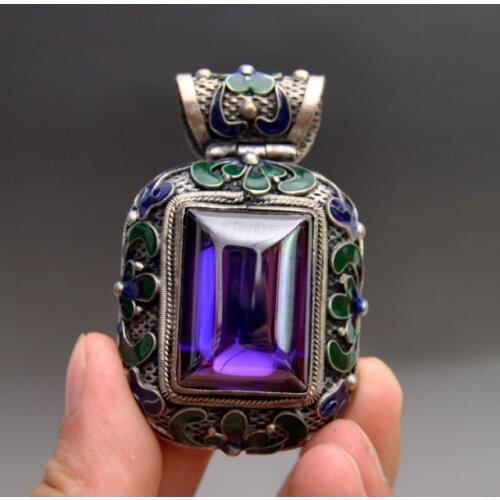 Exquisite Chinese Old Tibetan Silver Cloisonne Flower Inlaid with Artificial Blue Zircon Pendant