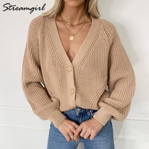 V Neck Oversize Cardigan Women Autumn Winter Ladies Sweater Lantern Sleeves Knit Coats Cardigans For Women Black Cardigan Woman
