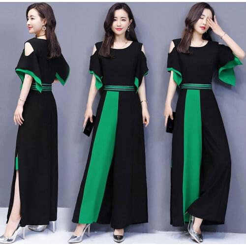 2021 Spring Summer Women 2 Two Pieces Set Contrast Stitching Hollow Shoulder Shirt Blouse Top+Long Wide Leg Pants Trousers Suits