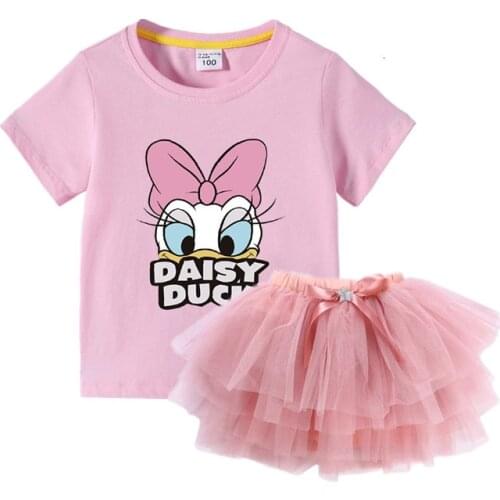 Summer Teen Girls Clothing Daisy Duck Shirt&mesh Divided Skirt Two Piece Korean Fashion Little Children Clothes Outfits Set