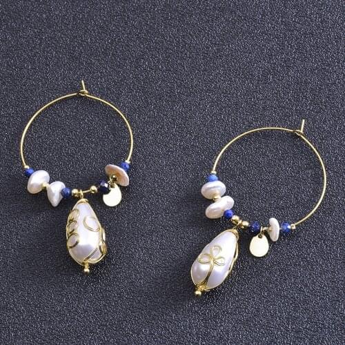 Factory Direct Fashion exaggerated personality Large circle earrings Natural lapis lazuli earrings pearl 18K Gold Plated earring