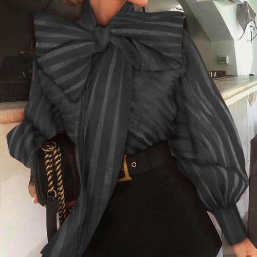 Newest Arrivals Women Casual Mesh See Through Bowknot Long Lantern Sleeve Striped Tops Blouse Shirts Female Stylish Outfits