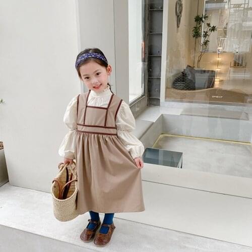 Autumn new girls' Korean retro coffee contrast waistcoat skirt apricot bubble sleeve shirt two dresses girls outfits