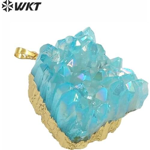 WT-P637 Mixed color crystal pendant wholesale natural aura crystal quartz with gold surround rough cluster crystal pendant