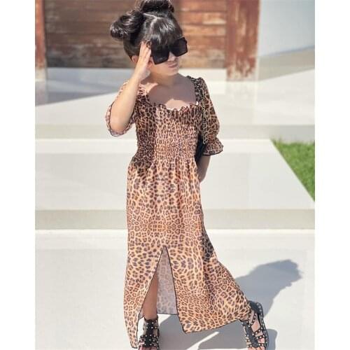 Girls Casual Long Slit Dress Brown Leopard Printed Pattern Short Sleeve Square Collar 1-6Years