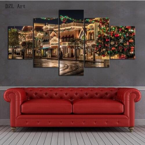 Drop shipping 5 pieces Christmas street HD printed on canvas for living room