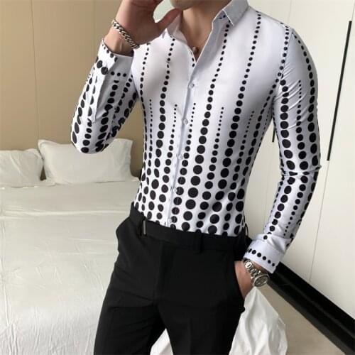 Korean Fashion Men Dotted Shirts Autumn New Long Sleeve Men Shirt Formal Wear Slim Fit Casual Work Shirts for Men Clothing 3XL-M