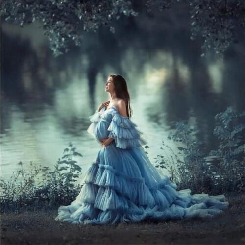 Blue Maternity Dresses Ruffled Lace Maternity Gown for Photoshoot Boudoir Lingerie Robes Bathrobe Nightwear Babyshower Robe