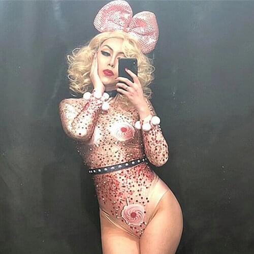 Sexy Nightclub Costumes Printing Flower Women Bodysuit Silver Gold Sparkling Crystals Jumpsuit Pole Stage Gogo Costume DT293