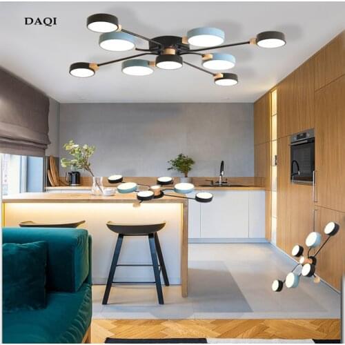 LED Ceiling Lamp Modern Nordic Minimalist 220V Black And Blue Wrought Iron Paint Lampshade Wooden Round Bedroom Living Room