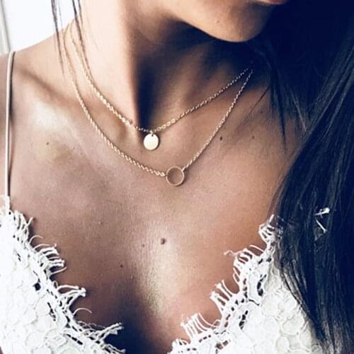 Vintage Multilayer Round Circle Pendant Choker Necklaces Women Lady Gold Chains Sequins Chocker Clavicle Necklace Jewelry YN368