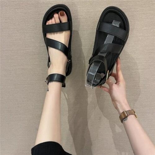 COOTELILI Woman Sandals Shoes 2021 New Fashion Round Toe Summer Shoes Women 4cm Heel Flats Black Basic Buckle Size 35-40