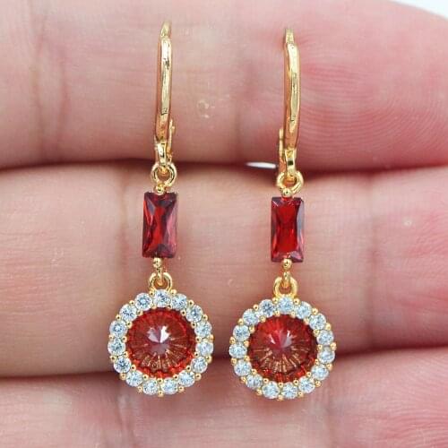 AAA+ Cubic Zirconia Gold Color Fashion Women Round Red CZ Circle Dangle Wedding Earrings Jewelry