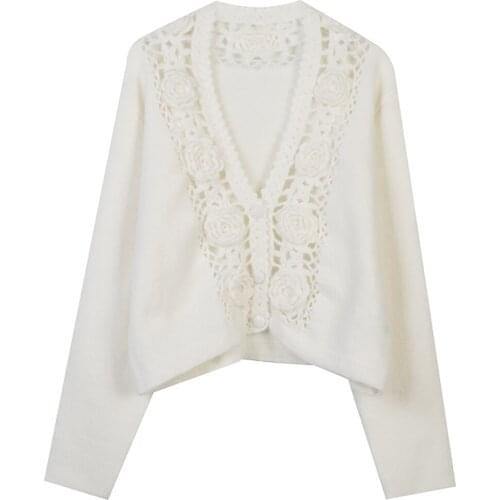 2021 Autumn And Winter New Womens V-Neck Long Sleeve Short Solid Color Hook Flower Hollow Out Loose Knitted Cardigan