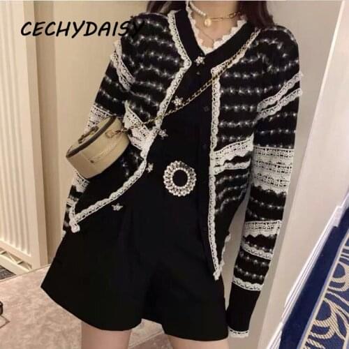Winter Cardigan women autumn 2021 elegant vintage lace patchwork striped diamond star button up clothes lady top knitwear sueter
