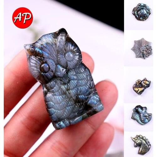 1PC Natural Labrodite Quartz Unicorn Carved Owl Animal Crystal Crafts Healing Reiki Gemstones Handmade Figurine Home Decoration